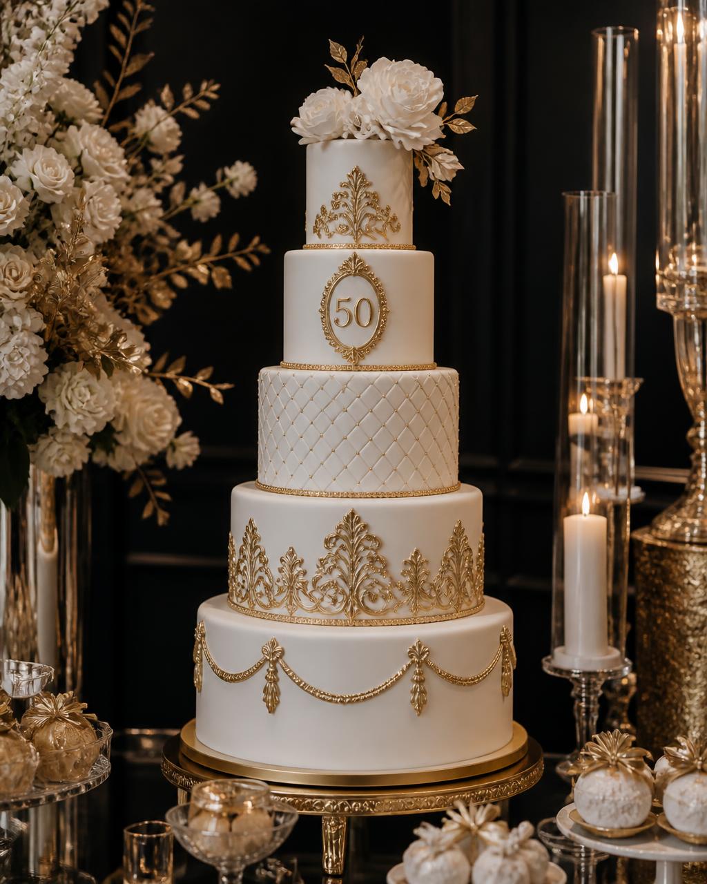 Multi-tier white and gold celebration cake