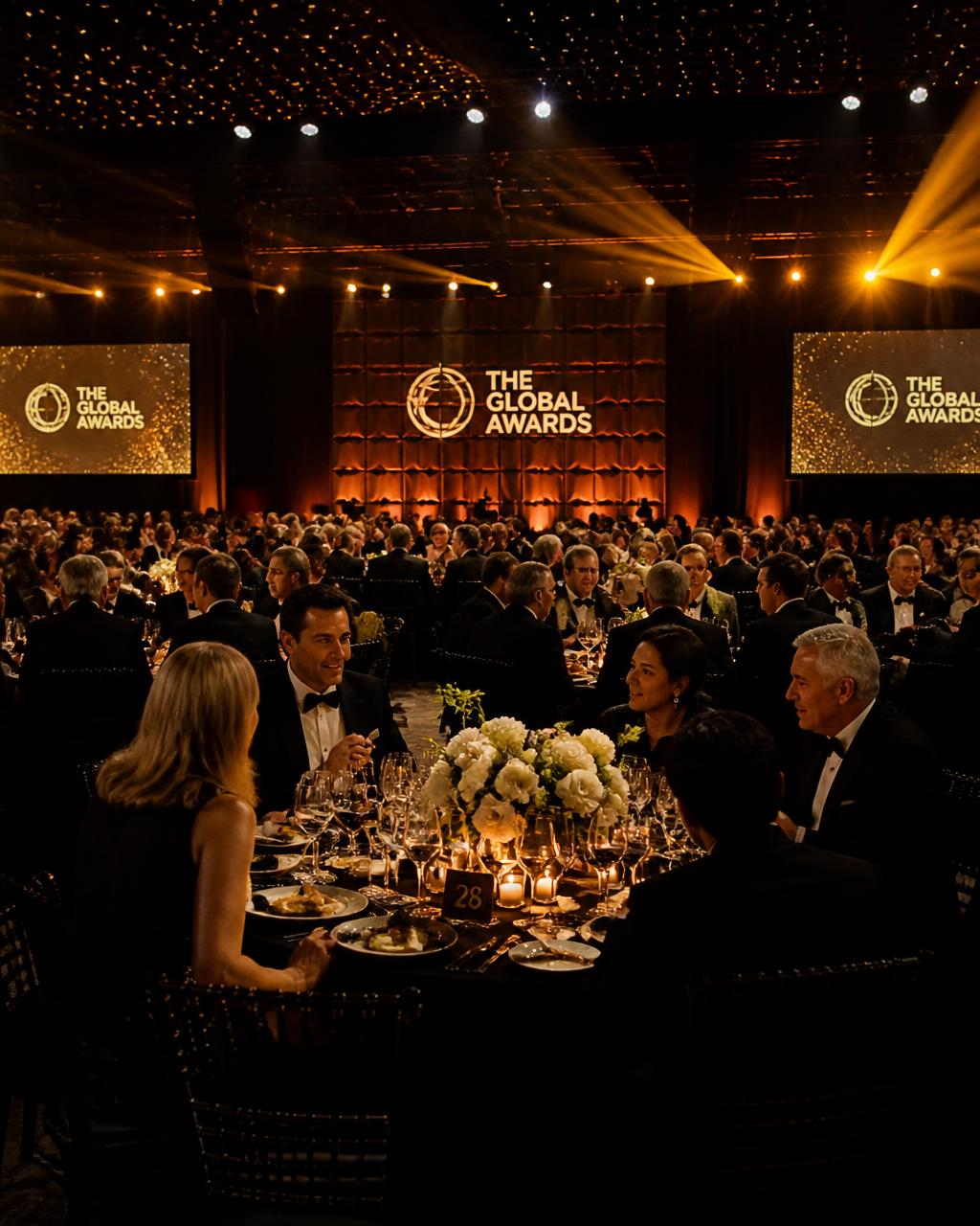 Corporate gala dinner in a candlelit ballroom