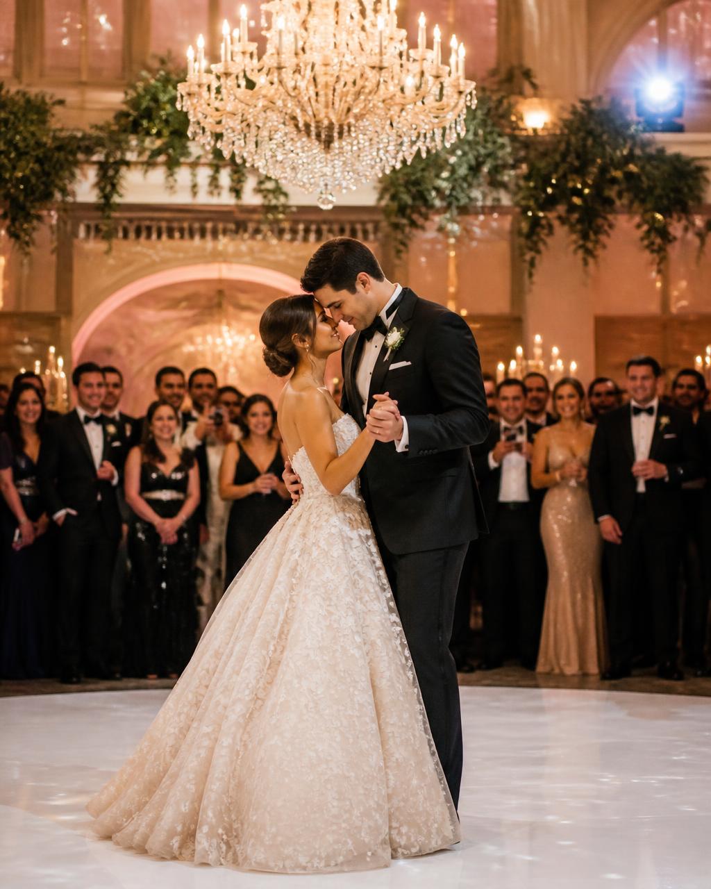First dance beneath a crystal chandelier