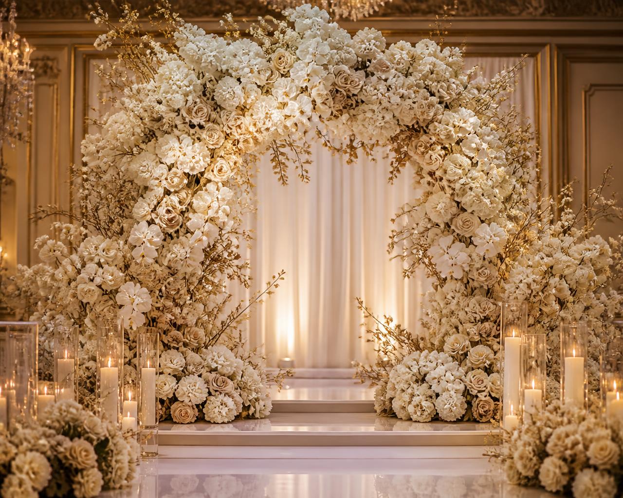 White and champagne floral arch with candles