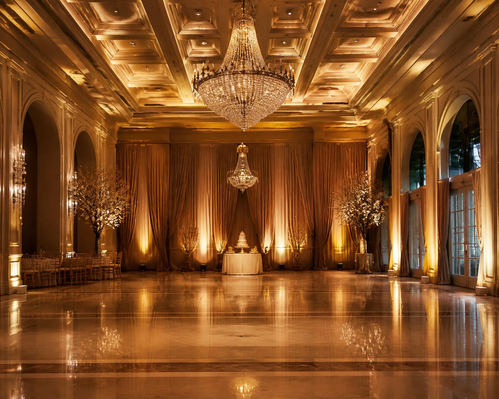 Elegant ballroom with chandeliers and draped walls
