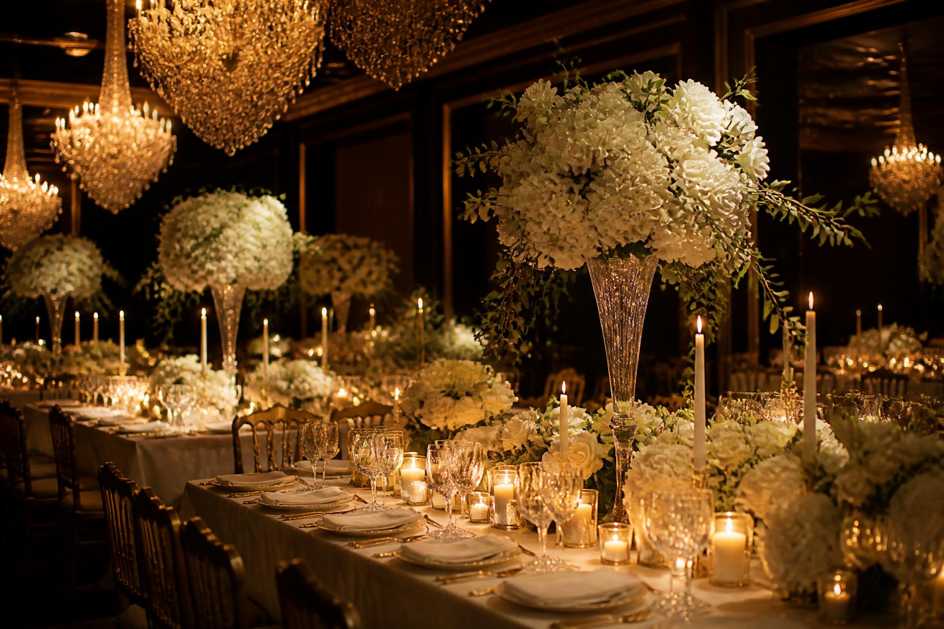 Candlelit luxury wedding reception with tall floral centerpieces at Lorraine Events