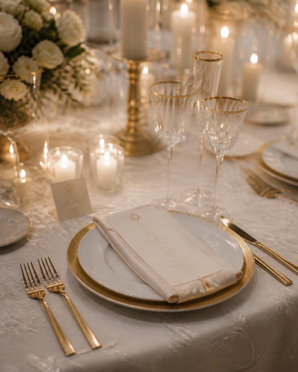Elegant place setting with gold flatware, crystal glassware and candlelight