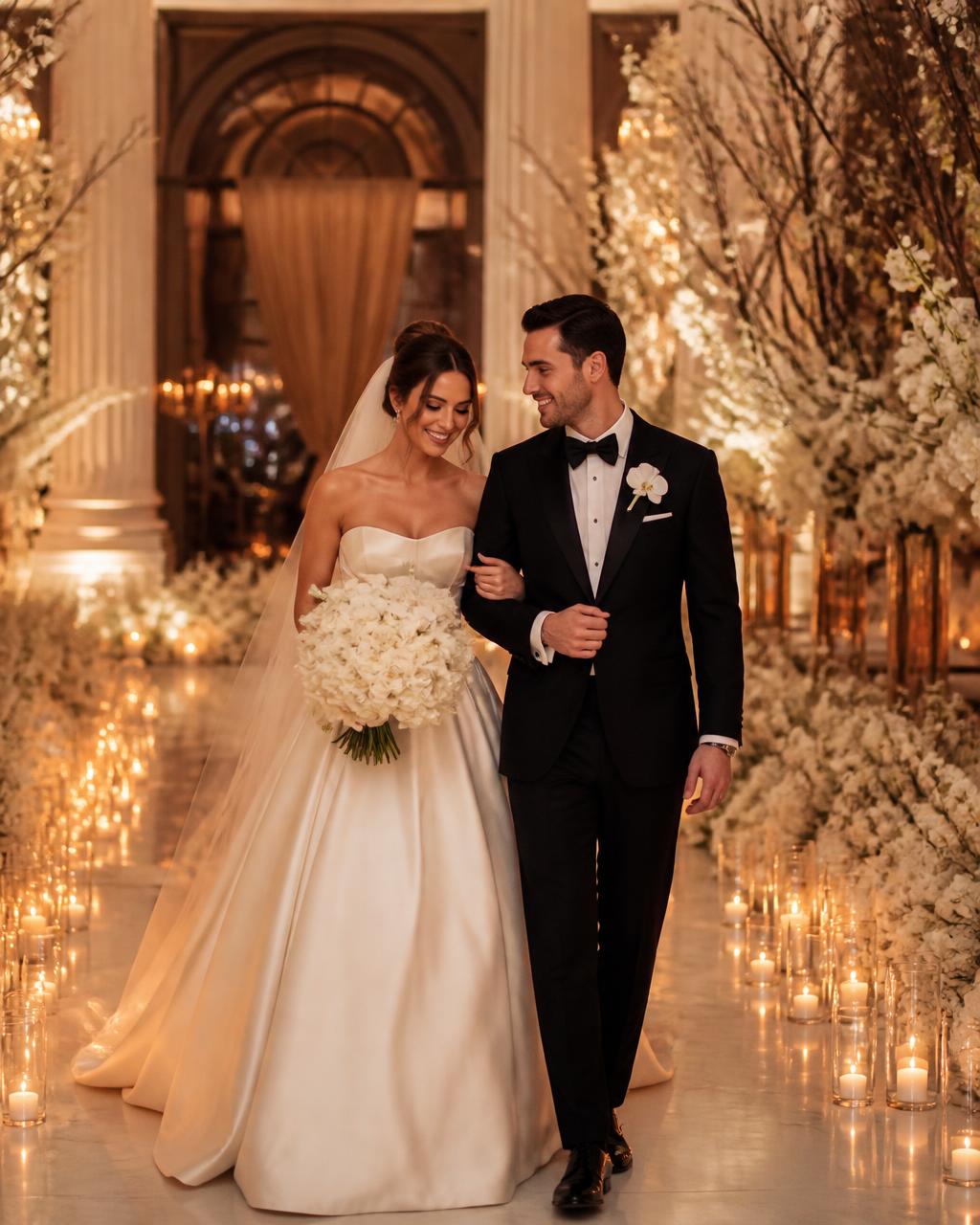 Bride and groom walking a candlelit aisle at an elegant wedding venue